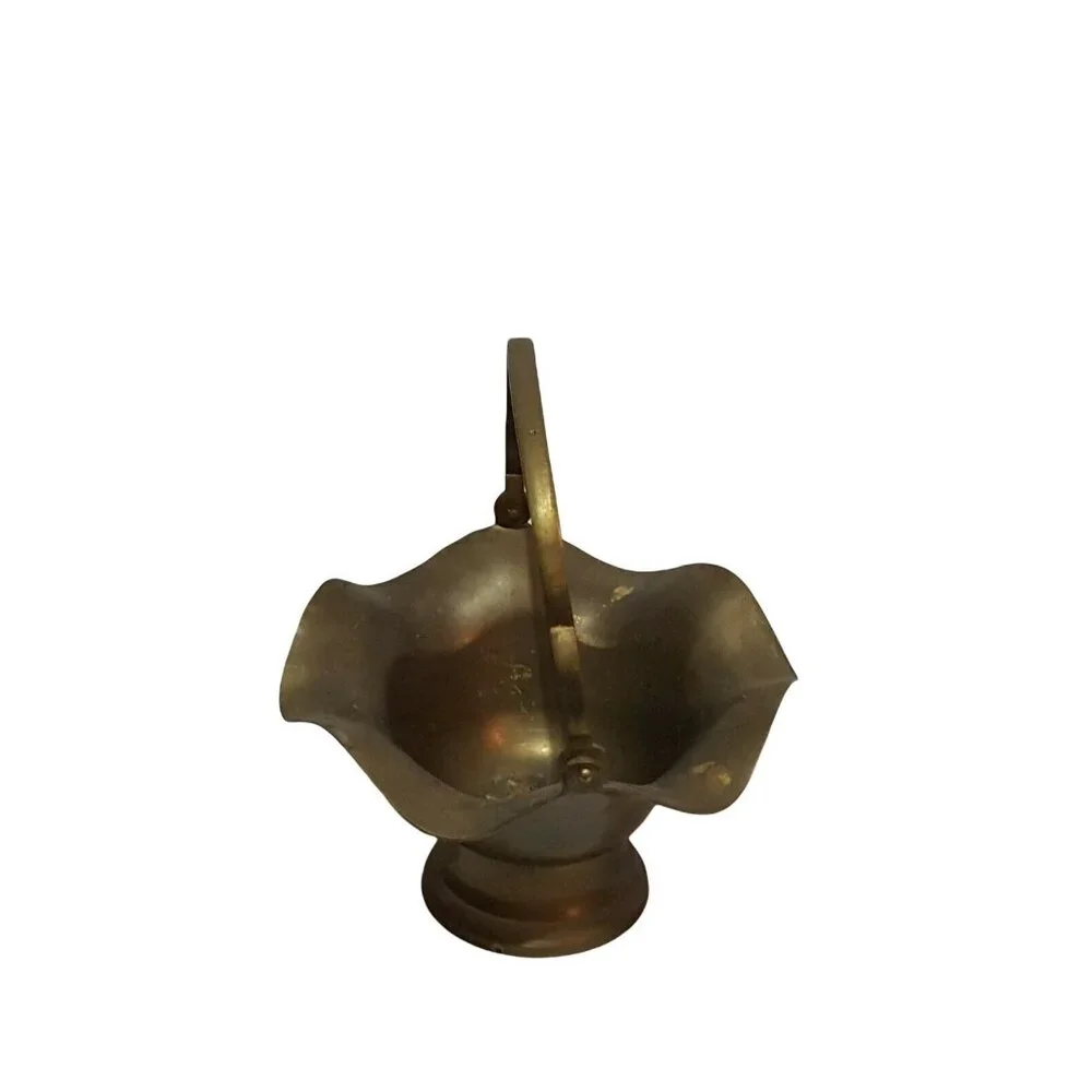 Vintage Solid‎ Brass Basket With Handle Ruffled Edge 8